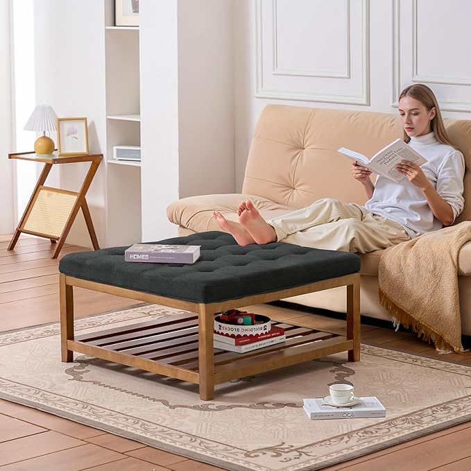 VEVOR Large Square Ottoman Coffee Table, 34.5 Inch Tufted Coffee Table with Solid Wood Shelf Storage, Linen Solid Upholstered Footrest Ottoman for Bedroom Living Room, 400 LBS, Dark Grey