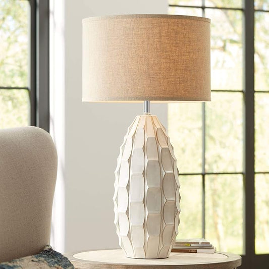 Possini Euro Design Cosgrove Mid Century Modern Coastal 3-Way Table Lamp with Table Top Dimmer 32.75" Tall White Glazed Ceramic Beige Fabric Drum Shade for Living Room Bedroom House (Colors May