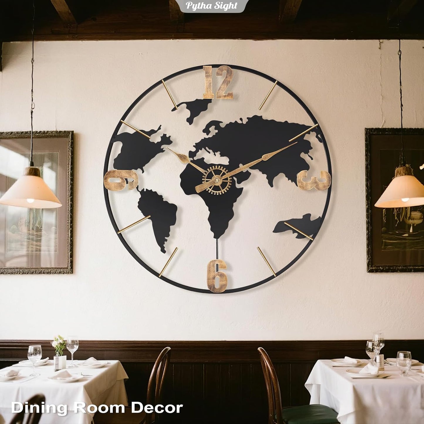 22 Inch Large Wall Clock,Modern Decorative Big World Map with Vintage Gold Arabic Numeral Extra Giant Metal Oversized Wall Clocks for Living Room,Office,Kitchen,Dining Room,Bedroom