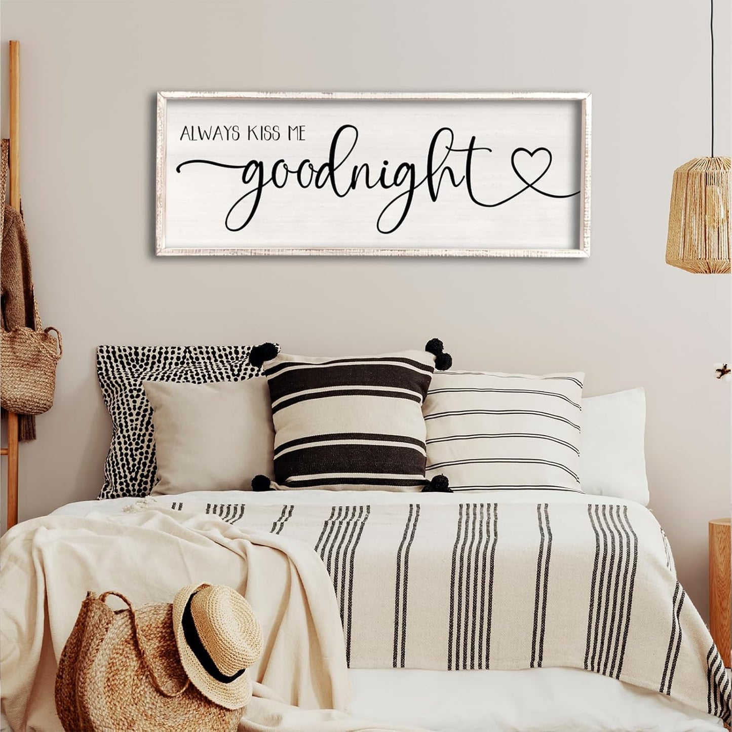 flowtorely Always Kiss Me Goodnight Wall Sign For Master Bedroom Above Bed Wall Decor 40''×15'' Large Rustic Solid Wood Frame For Farmhouse Couples Above bed Wall Art Decoration (White)