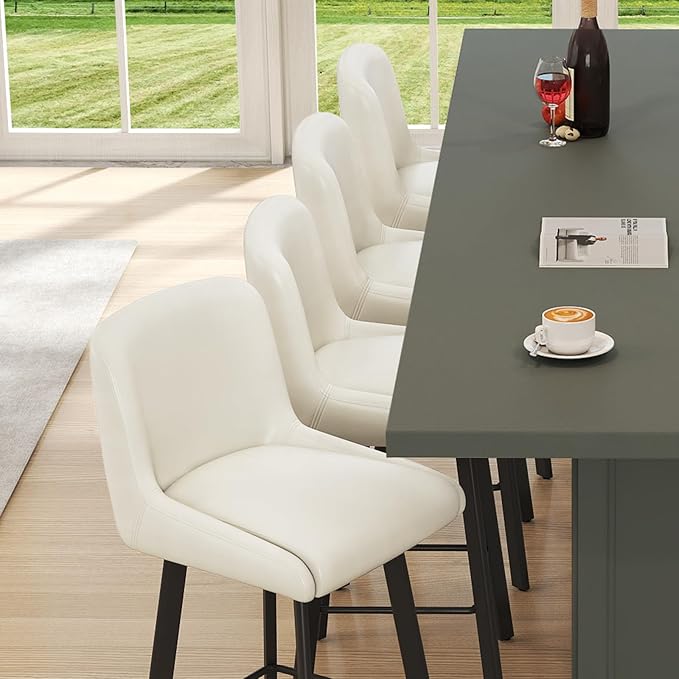Swivel Bar Stools, 29''H Upholstered Barstools with Backs, Modern Counter Height Bar Stool Chairs for Kitchen Island, Metal Legs (Beige- Faux Leather, Set of 3-29" H)