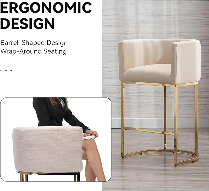 Contemporary Cream Linen Bar Stools Set of 3, 29" Upholstered Fabric Counter Height Barstools Kitchen Counter Island Stools with Screwed Together Golden Metal Base