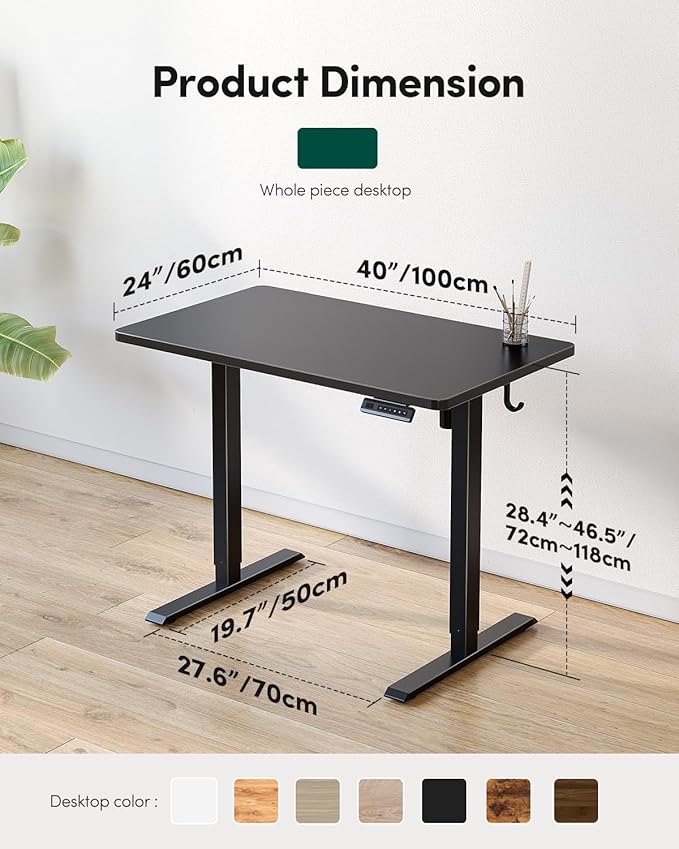 FEZIBO One-Piece Standing Desk Adjustable Height Stand up Home Office Desk, 40x24 Inch Electric Standing Computer Desk, with 4 Memory Presets, Headphone Hook, Black