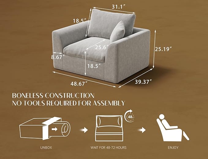 48.6" Single Sofa, Small Boneless Couches for Living Room, Cloud Couch for Bedroom, Office, Light Grey