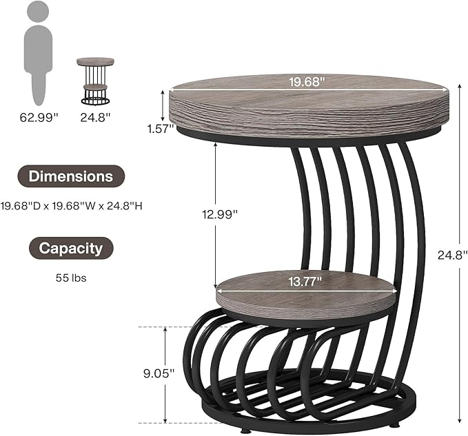 Tribesigns Round End Table Set of 2, 2-Tier Farmhose Wood Side Table with Shelf Storage, Small Sofa Side Bedside Nightstand, Accent Furniture for Living Room, Grey