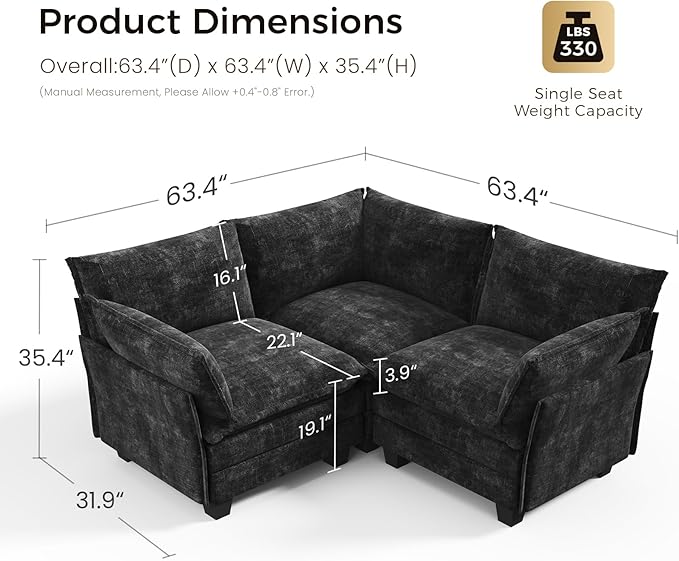 KKL Modular Sectional Sofa, V-Shaped 3 Seater Cloud Couch with Ottoman, Chenille Modern Sectional Couches for Living Room, Apartment Black