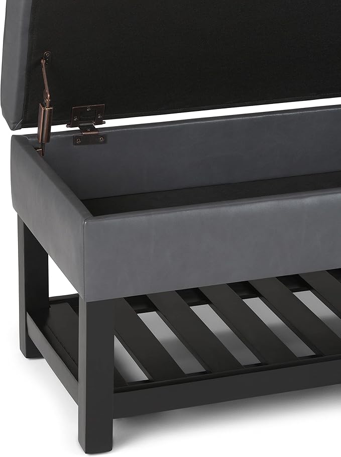 SIMPLIHOME Cosmopolitan Storage Ottoman Bench - 44 inch Wide Upholstered Vegan Leather Rectangle Storage Ottoman in Stone Grey, Transitional Bench for Bedroom with Tufted Lift-Top and Open Shelf