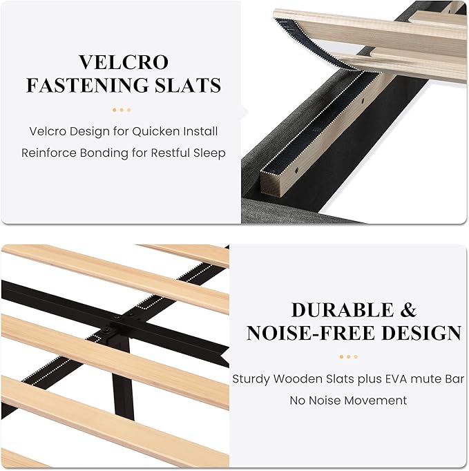 SHA CERLIN King Platform Bed Frame with Upholstered Fabric Headboard, Mattress Foundation with Strong Wooden Slats Support, No Box Spring Needed, Grey