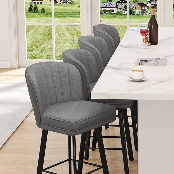 Swivel Counter Height Bar Stools Set of 3, 30'' Modern Barstools with Backs and Metal Legs, Upholstered Bar Chairs,Mid-Gray,Fabric Stools for Kitchen Island Chairs