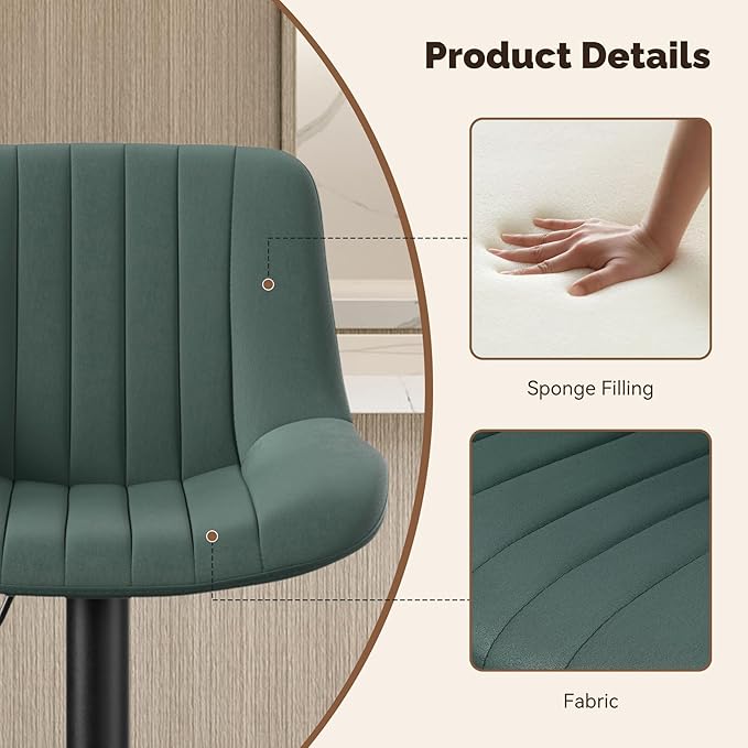 Nalupatio Bar Stools Set of 4, Adjustable Modern Swivel Bar Stools with Backs, Counter Height Performance Fabric Island Chairs for Home Kitchen, Dark Green