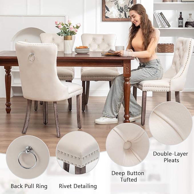 Velvet Dining Chairs Set of 6, Upholstered Dining Room Chairs with Nailhead Ring Pull Trim, Button Tufted Wing Back Chairs for Dining with Solid Wood Legs for Kitchen Dining Room(Beige)