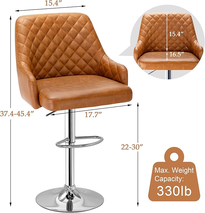 Adjustable Bar Stools Set of 2, Bar Height Stools for Kitchen Counter,Brown