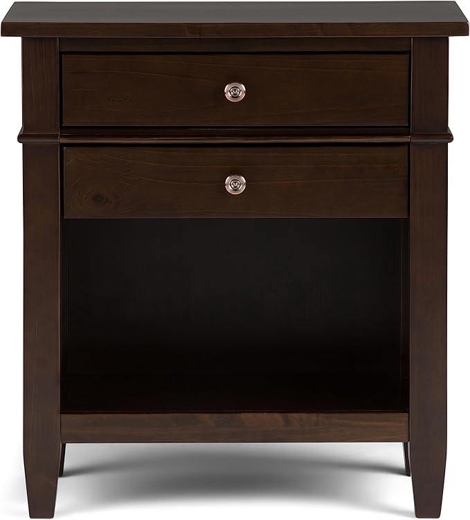 SIMPLIHOME Carlton Bedside Table - 24 inch Wide Solid Wood Nightstand Table in Dark Tobacco Brown, Transitional Bedroom Side or End Table with 2 Drawers, Open Storage Shelf and Bronze Hardware