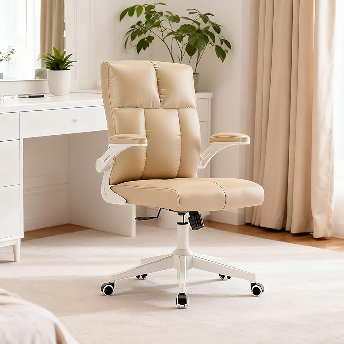 Ergonomic Home Office Desk Chair with Space Saving Flip-Up Arms, 360° Swivel & Reclining Back, High-Back Executive Chair in Soft Faux Leather Chair Multi-Angle from 90° to 135°