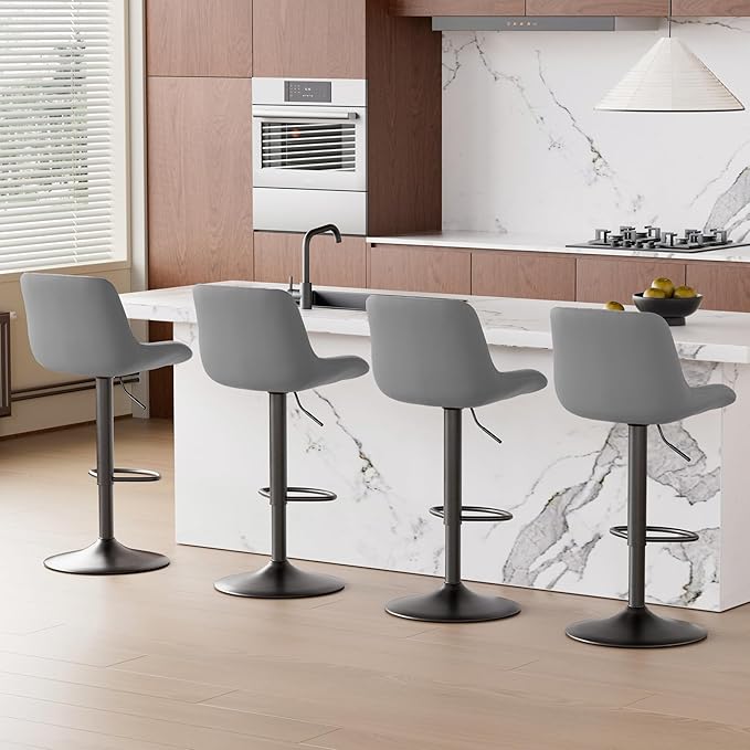 Nalupatio Bar Stools Set of 4, Adjustable Modern Swivel Bar Stools with Backs, Counter Height Performance Fabric Island Chairs for Home Kitchen, Dark Grey
