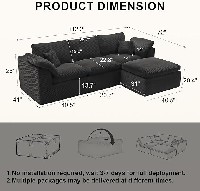 112" Cloud Sectional Couch, Boneless Couches for Living Room, L Shaped Couch with Convertible Ottoman, Modular Sectional Sofa with Deep Seat, Comfy Soft Cushions, No Assembly, Black