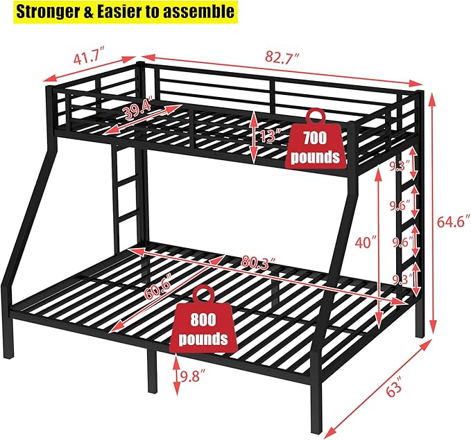 Higher Quality & Stronger Metal Twin XL Over Queen Bunk Bed, Thickened Heavy Duty More Stable Safer Black Steel Bunkbed Bunk Queen Bed (Easier to Assemble) (Twin XL Over Queen)