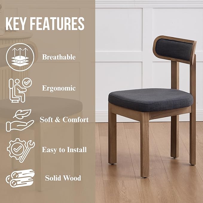 Grey Dining Chairs Set of 6, Mid Century Modern Upholstered Linen Dining Room Chair with Curved Back, Armless Kitchen Chairs for Living Room/Restaurant/Balcony/Bedroom/Bome Desk/Task