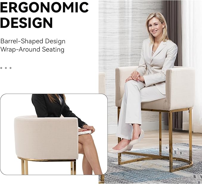Linen Bar Stools Set of 2, 24" Contemporary Upholstered Fabric Counter Height Bar Stools Kitchen Counter Island Stools Barstools with Golden Metal Base, Cream