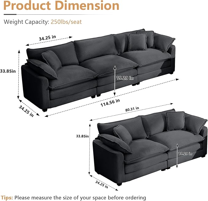 mikibama Luxury 2 Piece Sofa Set, 3-Seater & Loveseat Couch Set, Modern Corduroy Comfy Cloud Couches Set for Living Room Office with 4 Armrest Pillows and 5 Toss Pillows, Grey
