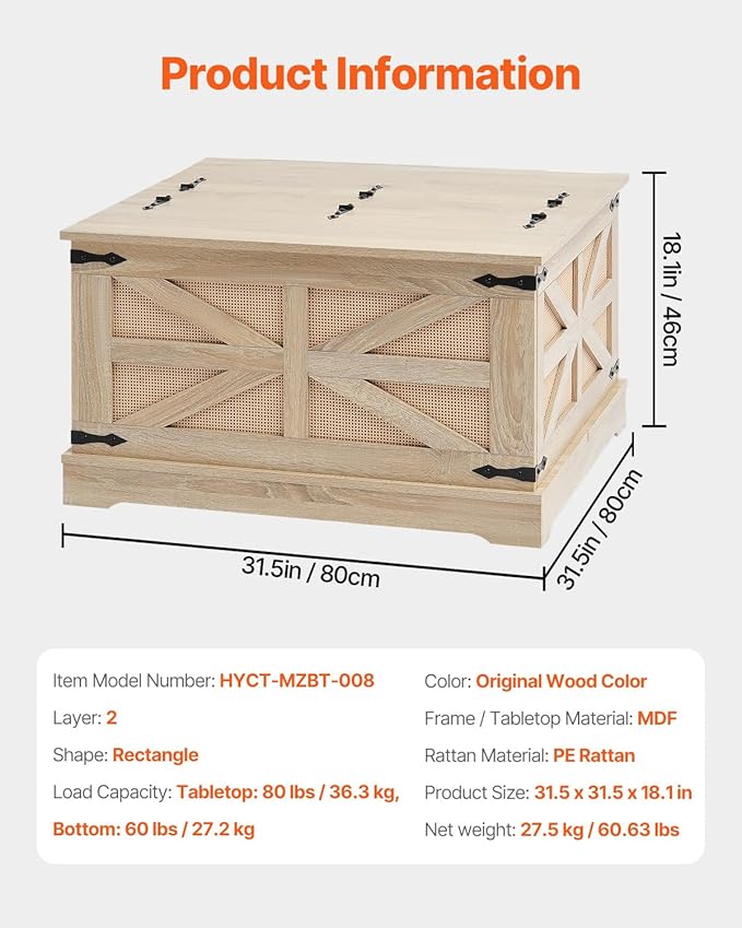 VEVOR Rattan Coffee Table, Rectangle PE Rattan Woven Wood Coffee Table with MDF Top, 32-Inch Modern Boho Style Storage Table with Retro Metal Hinges, for Living Room, Bedroom & Small Spaces
