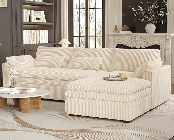 Belffin Large Modular Sectional Sofa with Deep Chaise, 104" Corduroy L Shaped Couch with 9" Soft Dual-Layer Seats Cushion for Living Room, Apartment, Beige