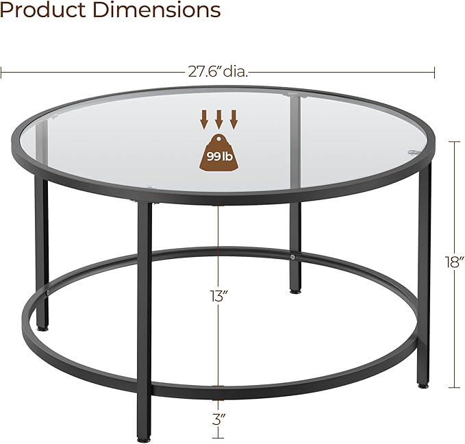 Yaheetech 27.6" Round Glass Coffee Table, Small Coffee Table for Living Room，Black Circle Coffee Tables Center Tables with Glass Top, Office & Apartment