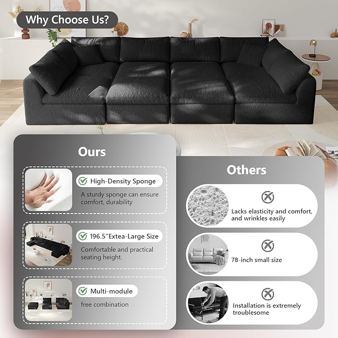 Boneless Cloud Couch Modular Sectional Sofa with Deep Seat for Living Room, L Shape Couch with Ottoman, Snowflake Cloth and 40D Memory Sponge，2 Throw Pillows (Black, 6 Seater+2 Ottoman)