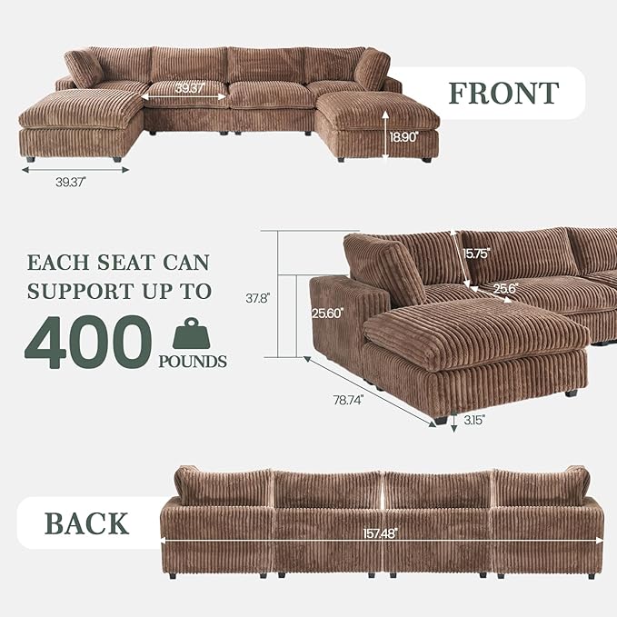 Modular Sectional Sofa, Convertible U Shaped Couch with Chaise Ottoman, Deep Seat Cloud Sectional Couch, 6 Seat Comfy Modular Sofa for Living Room, Office, Apartment, Brown