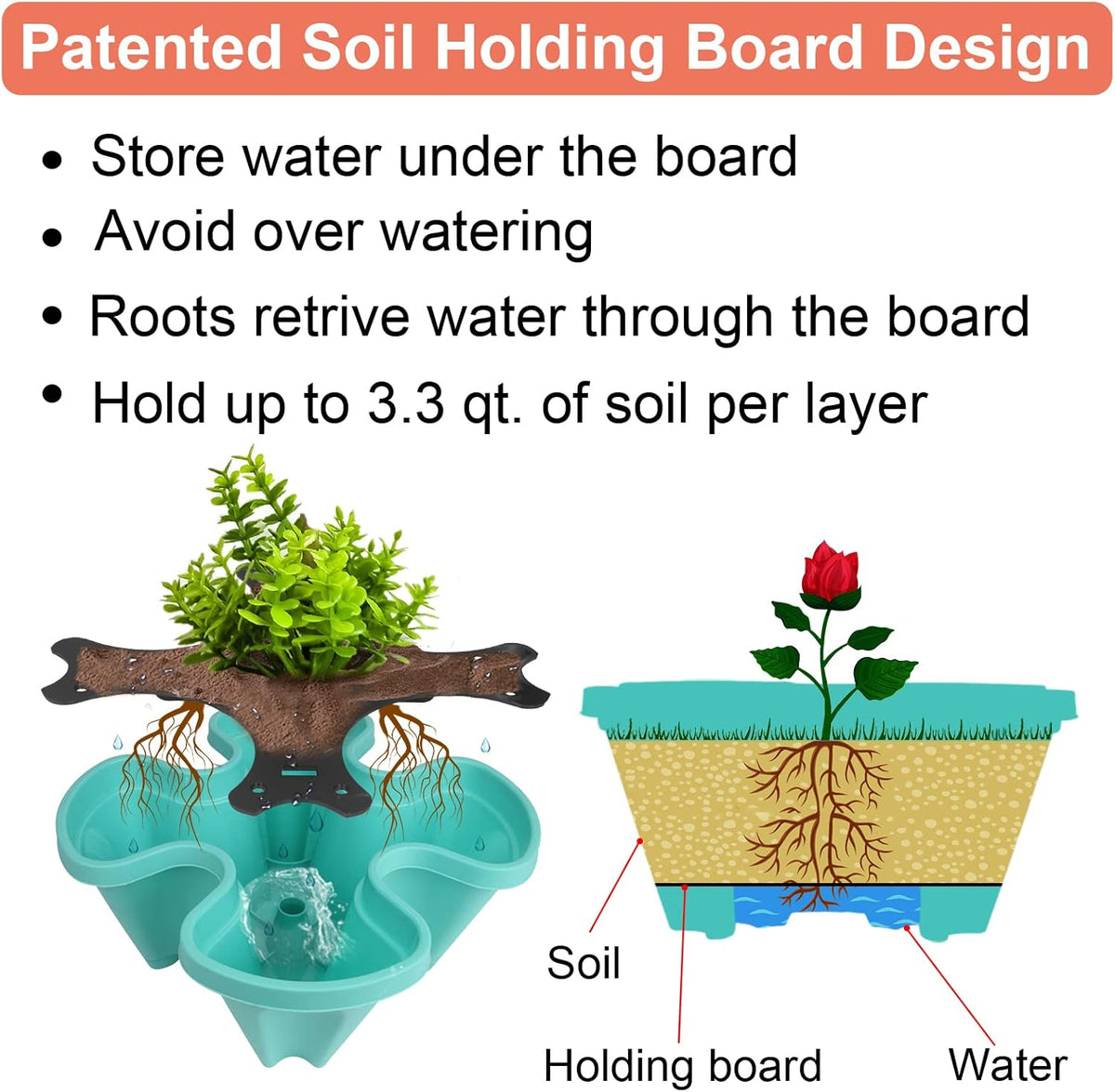 DUNCHATY Stackable Planter, Vertical Garden Planter with Wheels and Tools, Self Watering Strawberry Planter Indoor/Outdoor 4 Tier Herb Planter Pots for Growing Vegetables and Succulents, Teal
