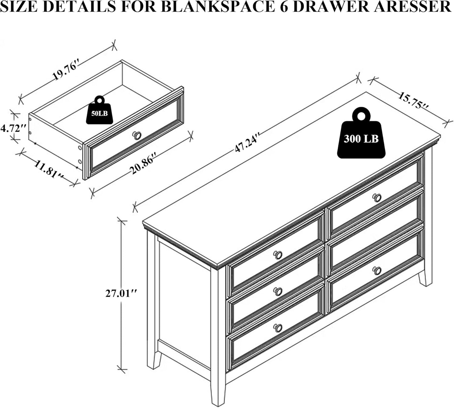 BLANKSPACE 6 Drawer Dresser, Modern Dresser for Bedroom, Wood Drawer Organizer with Metal Knobs, Large Capacity Cabinet for Bedroom, Antique White