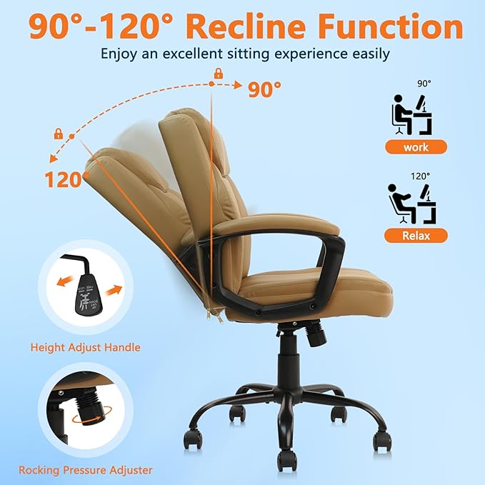 CLATINA Brown Office Computer Chair PU Leather Executive Office Chair Swivel Adjustable Height Chairs with Upholstery Fixed armrest Mid-Back Leather Thick Cushion Office Chairs Brown 2Pack