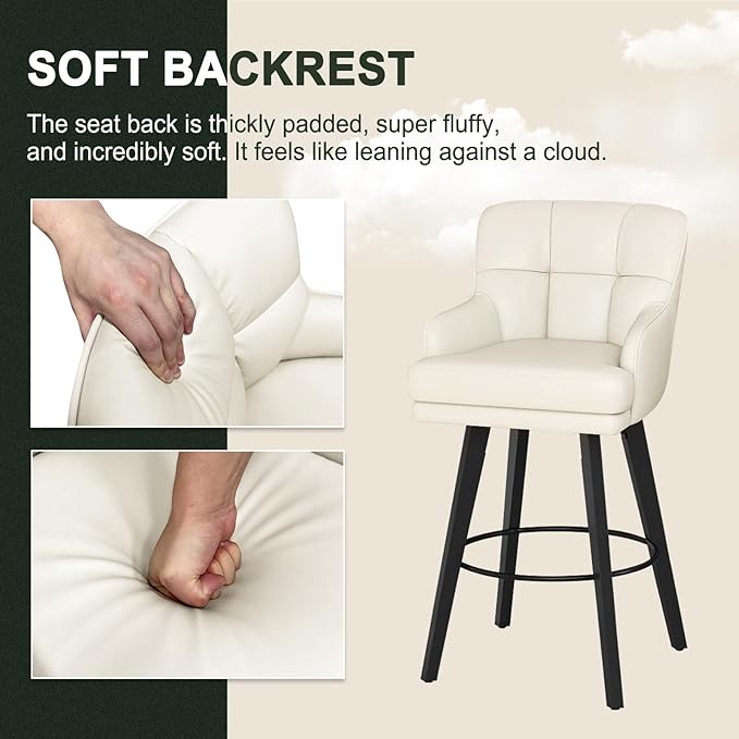 360°Swivel Counter Height Bar Stools with Back, 30 inch Solid Wood Legs, Bar Stool Modern Kitchen Island Chairs, Faux Leather (Beige- Faux Leather, 30" H- Set of 3)