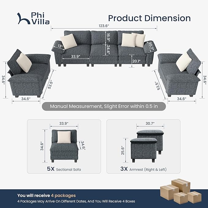 PHI VILLA Cloud Modular Couches Sets, 3 Pieces Large Sectional Sofa Set with Single Sofa, 5-Seater Upholstered Couch for Living Room, Chenille Fabric, Dark Cyan