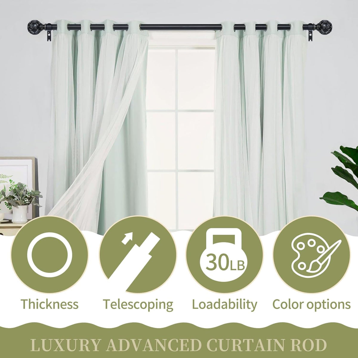 Black Adjustable Curtain Rods for Windows:18-60" Farmhouse Heavy Duty Curtain Rod for Bedroom Living Room,Boho Decorative Rustic Drapery Rods with Vintage Coastal Texture Finial,Matte Black