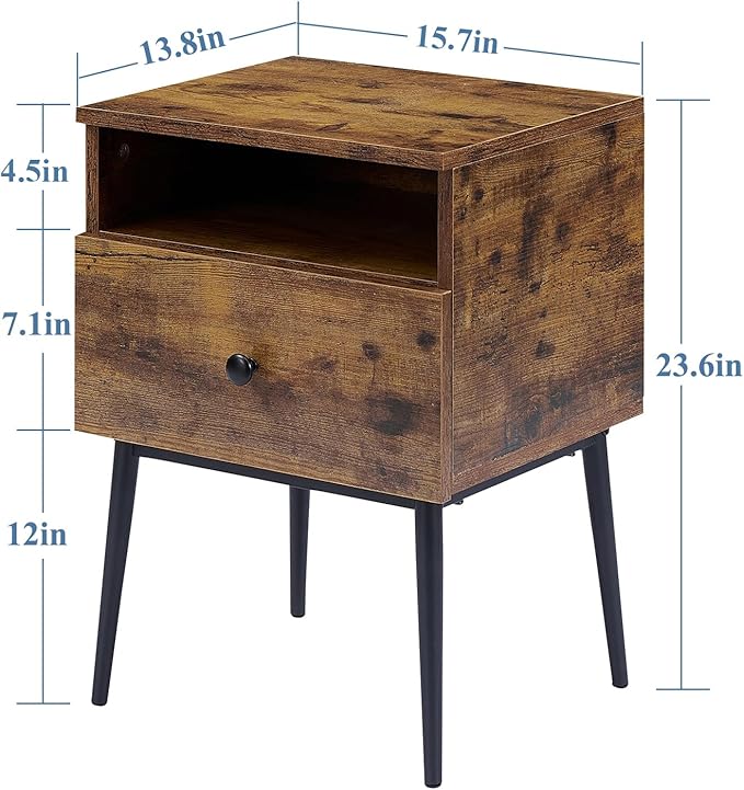 VECELO Modern Wood Night Stand,Square End Table Side Table with Drawer and Storage Space for Bedroom and Living Room