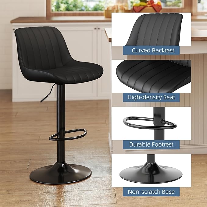 Youhauchair Bar Stools Set of 4, Swivel Counter Height Barstools with Back, Adjustable PU Leather Bar Chairs, Modern Armless Kitchen Island Stool, Black