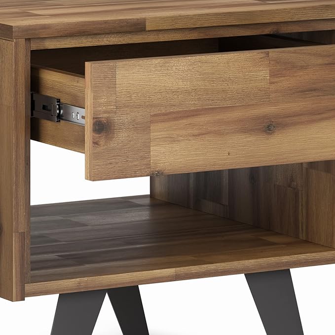 SIMPLIHOME Lowry SOLID ACACIA WOOD and Metal 22 Inch Wide Square Modern Industrial End Side Table in Distressed Golden Wheat, For the Living Room and Bedroom