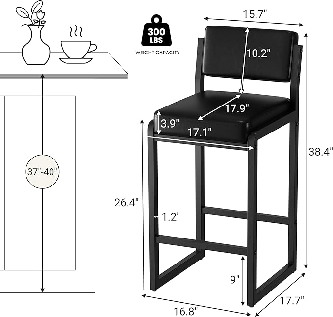 Bar Stools, Faux Leather Counter Height Bar Stools with High Back and Metal Legs, Upholstered Bar Chairs, 26" Modern Barstools for Kitchen Island, Black