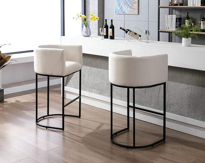 Contemporary Cream Linen Bar Stool, 32" Upholstered Fabric Counter Height Barstool Kitchen Counter Island Stool with Black Metal Base
