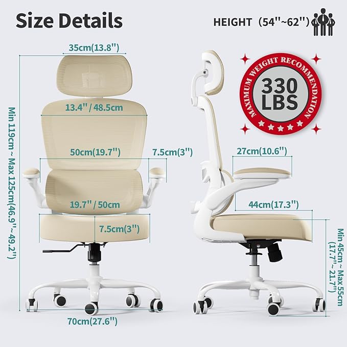 TRALT Office Chair Ergonomic Desk Chair, 330 LBS Home Mesh Office Desk Chairs with Wheels, Comfortable Gaming Chair, High Back Office Chair for Long Hours (Beige)