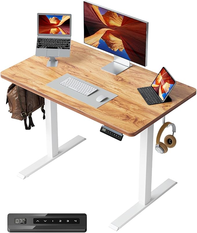FEZIBO One-Piece Standing Desk Adjustable Height Stand up Home Office Desk, 40x24 Inch Electric Standing Computer Desk, with 4 Memory Presets, Headphone Hook, Light Rustic