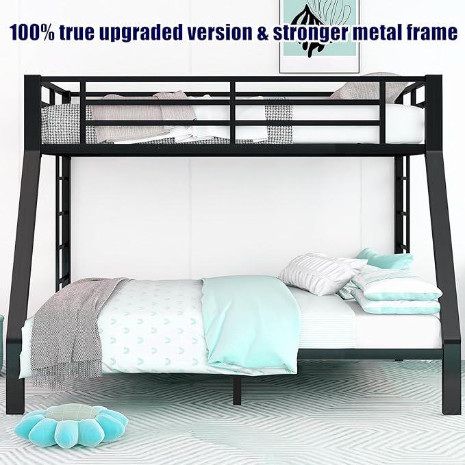 Higher Quality & Stronger Metal Twin XL Over Queen Bunk Bed, Thickened Heavy Duty More Stable Safer Black Steel Bunkbed Bunk Queen Bed (Easier to Assemble) (Twin XL Over Queen)
