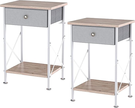VECELO End Tables, Modern Nightstand with Fabric Drawer & Open Shelf, Night Stand for Bedroom Living Room, Industrial Metal Frame, Easy Assembly, Light Brown,2 Pack