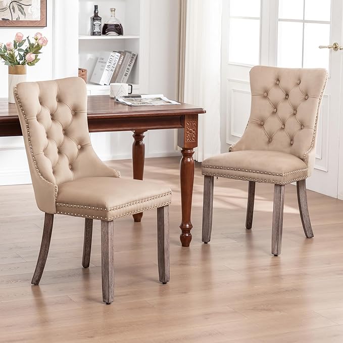 Velvet Dining Chairs Set of 4, Upholstered Dining Room Chairs with Nailhead Ring Pull Trim, Button Tufted Wing Back Chairs for Dining with Solid Wood Legs for Kitchen Dining Room(Khaki)