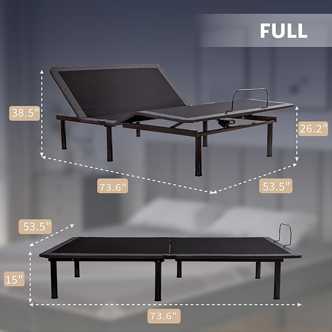 Full Adjustable Bed Base Frame with Wireless Remote + 14 Inch Full Gel Memory Foam Mattress Bed in a Box, Head and Foot Incline, Zero Gravity, Fiberglass Free, 75" × 54"