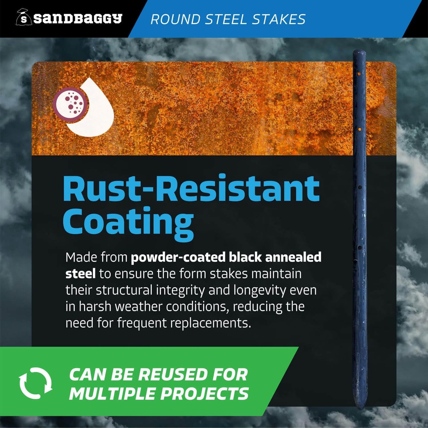 Sandbaggy Round Steel Concrete Form Stakes with Nail Holes - Rust Resistant Coating - Removable, Reusable (50, 3/4 in X 18 in)