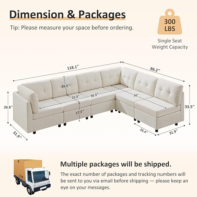 VANOMi 6 Seat Sectional Couches for Living Room, 118" Convertible Modular Cloud Sofa, Comfy Chenille Sofas & Couches for Living Room, Apartment, Office, Beige, L/U Shaped