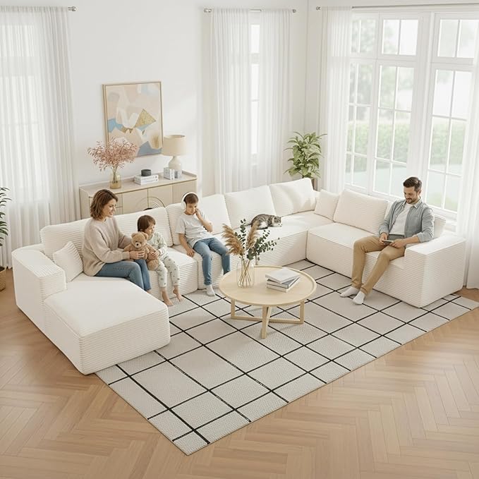 Modular Sectional Cloud Couch for Living Room,Modern Boneless Couche Set with Plush Corduroy,Comfy Floor Sofa with Memory Foam,Stupendous U Shaped Sofa with Chaise,No Assembly Required,Beige