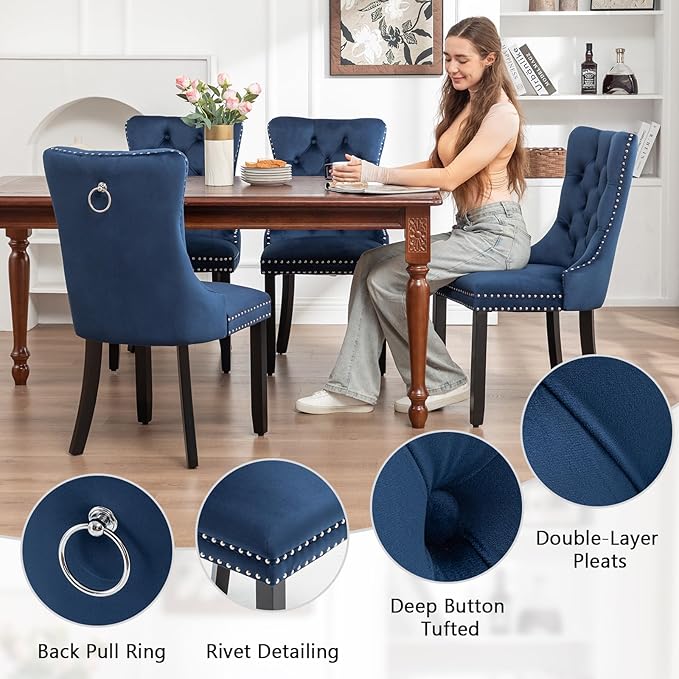 Velvet Dining Chairs Set of 4, Upholstered Dining Room Chairs with Nailhead Ring Pull Trim, Button Tufted Wing Back Chairs for Dining with Solid Wood Legs for Kitchen Dining Room(Blue)